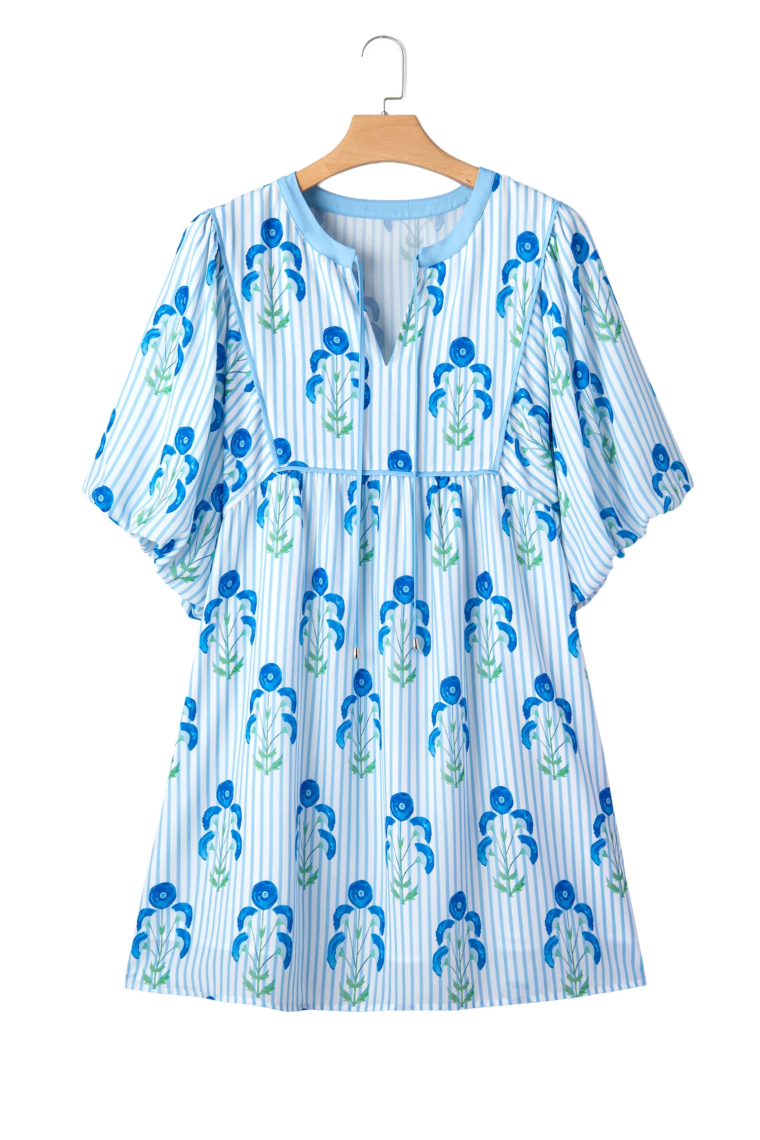 Sky Blue Floral Striped Bubble Short Sleeve Plus Size Dress